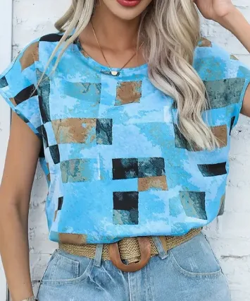Women's Chic Geometric Aztec Print T Shirt Casual Crew Neck, Durable Non Stretch Fabric, Ideal For Summer Wear Blue - Shop at LoveMi