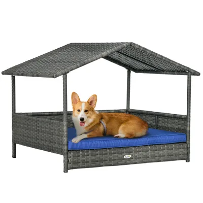 PawHut Wicker Dog House Outdoor With Canopy, Rattan Dog Bed With Water resistant Cushion, For Small And Medium Dogs, Dark Blue Blue - Shop at LoveMi
