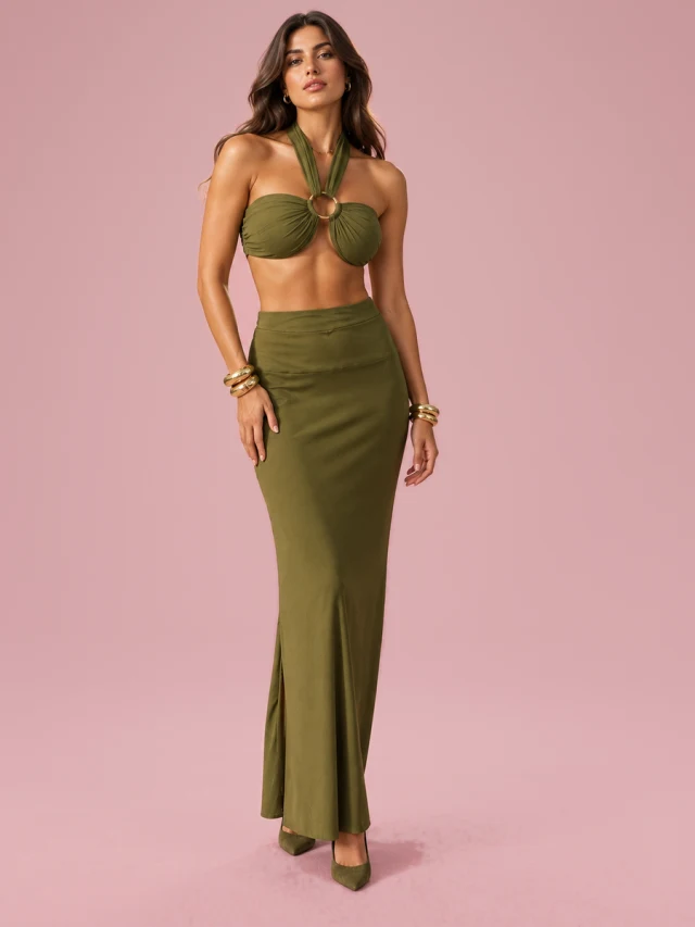 Olive Green Strappy Cropped Top & Hip hugging Skirt Set Olive - Shop at LoveMi