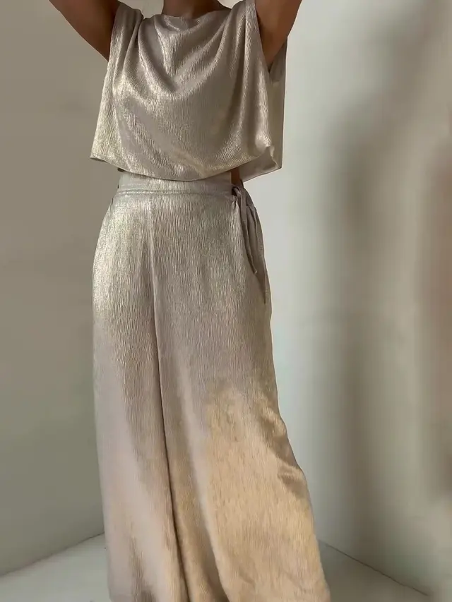 Glossy Sleeveless Top & Strappy Wide leg Pants Set Apricot - Shop at LoveMi