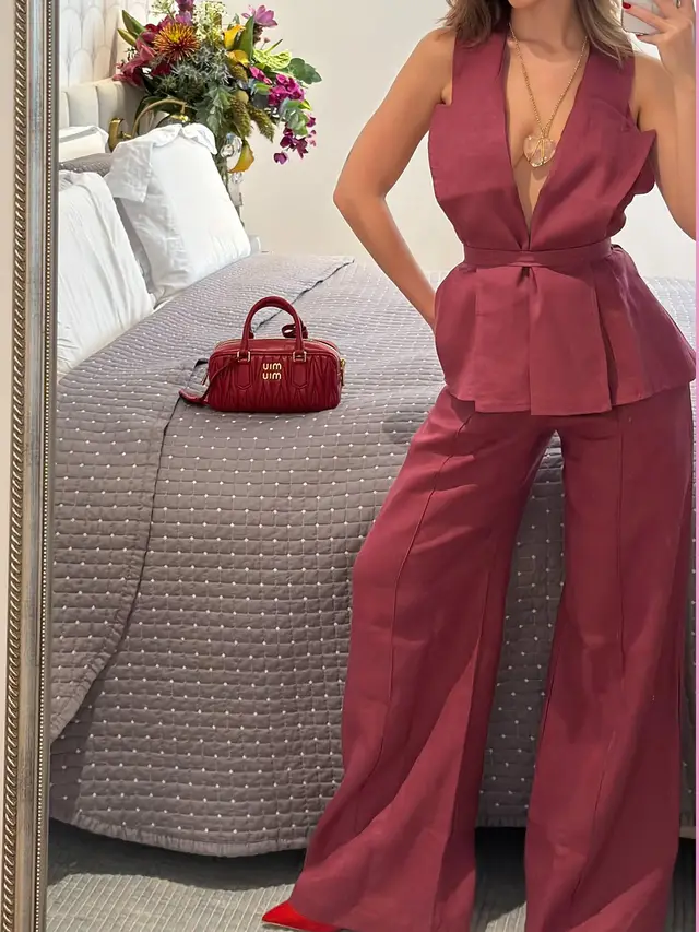Deep V Sleeveless Top Cotton And Linen High Waist Pants Suit Claret - Shop at LoveMi