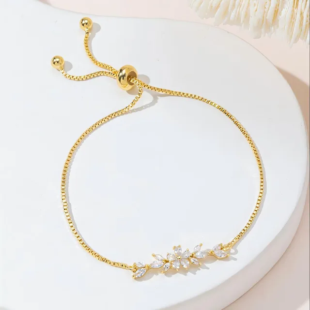 Fashionable Zircon Bracelet Silver Flower Leaf Drawstring Design Chain Inlaid Gold plated Bracelet Suitable For Women's Daily Holiday Wear Gold - Shop at LoveMi