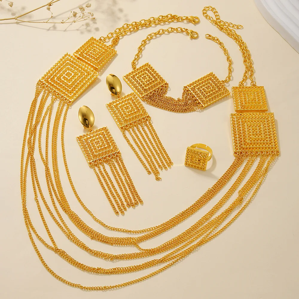 Fashion Ladies 18k Gold Plated Jewelry Set Tassel For Holiday Wear, Wedding Scene Jewelry, Multi-layered Temperament Wedding Jewelry - Gold