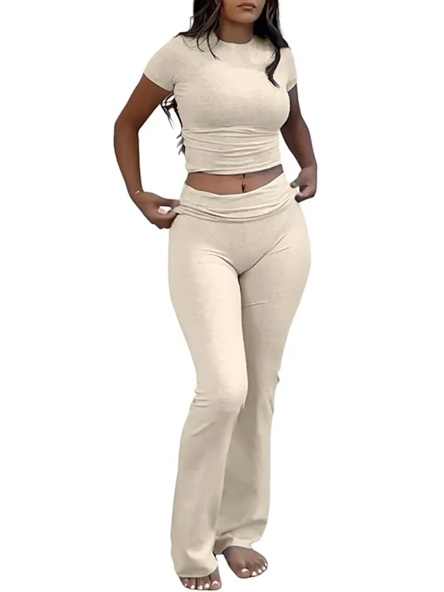 Casual Solid Color Slim Fit Two piece Pants Set, Short Sleeved Round Neck T shirt And Tight Flared Pants Sports Pants Clothing, Women's Clothing ... Beige - Shop at LoveMi