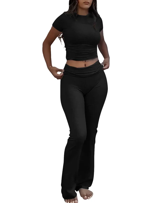 Casual Solid Color Slim Fit Two piece Pants Set, Short Sleeved Round Neck T shirt And Tight Flared Pants Sports Pants Clothing, Women's Clothing ... Black - Shop at LoveMi