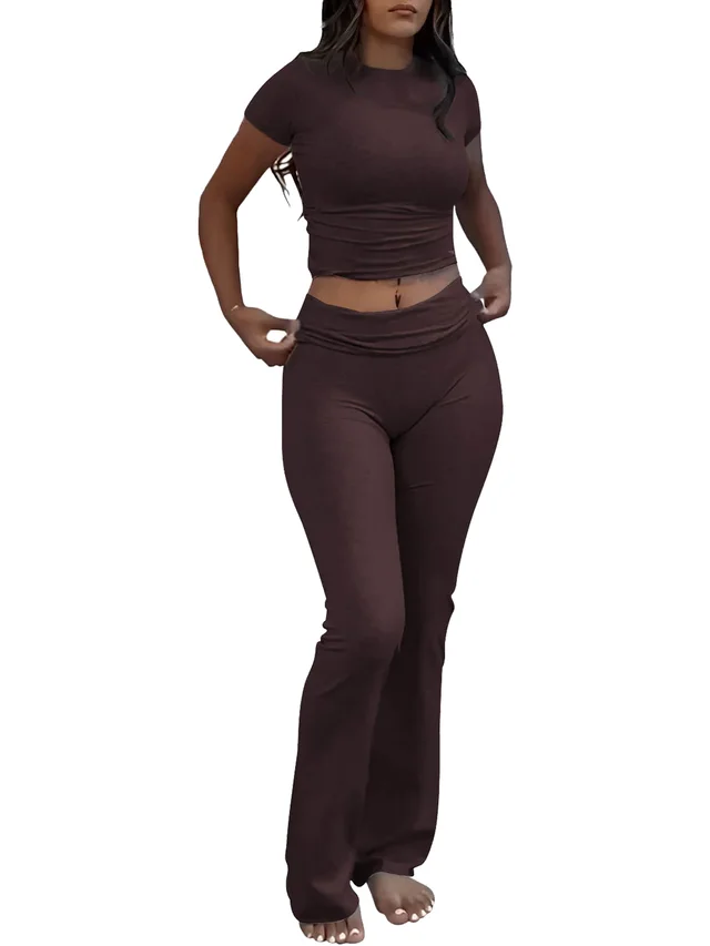 Casual Solid Color Slim Fit Two piece Pants Set, Short Sleeved Round Neck T shirt And Tight Flared Pants Sports Pants Clothing, Women's Clothing ... Coffee - Shop at LoveMi