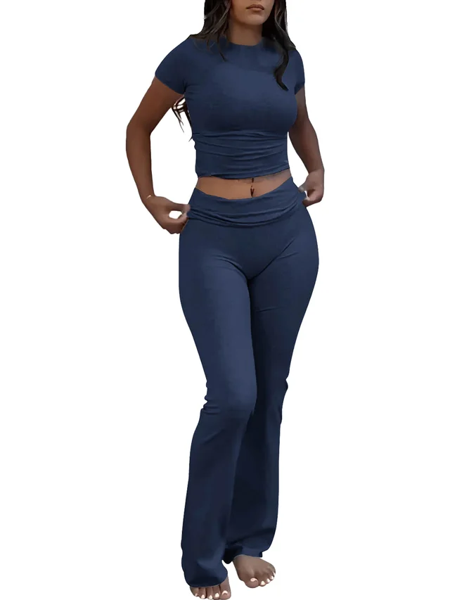 Casual Solid Color Slim Fit Two piece Pants Set, Short Sleeved Round Neck T shirt And Tight Flared Pants Sports Pants Clothing, Women's Clothing ... Navy Blue - Shop at LoveMi