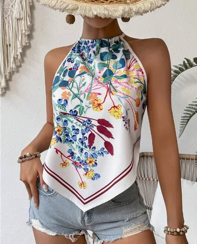Printed Notched Neck Sleeveless Tank Top Style5 - Shop at LoveMi