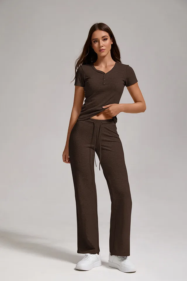 Women's Casual Sports Two piece Set With V neck Button, Short Sleeved, Low Waisted Flared Pants, Sportswear Coffee - Shop at LoveMi