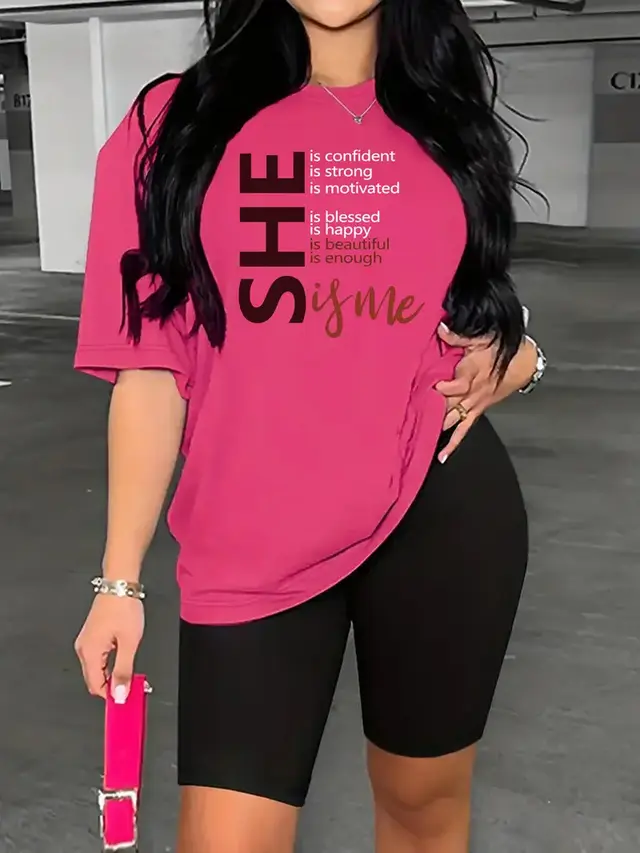 Women's Casual Sporty Number Print Short Sleeve T Shirt And Shorts Set, Comfortable Athletic Loungewear Outfit Rose Red - Shop at LoveMi