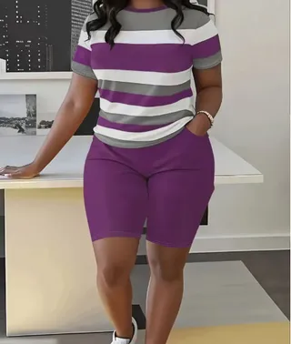 Women's Casual Print Short Sleeve T-Shirt And Shorts Set, Comfortable Athletic Loungewear Outfit - Purple