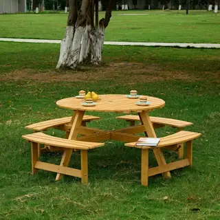 Outdoor 8 Person Picnic Table, 8 Person Round Picnic Table With 4 Built-in Benches, Umbrella Hole, Outside Table And Bench Set For Garden, Backyard...