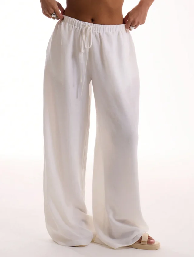 Holiday Textured Linen Feel Tie Waist Trouser White - Shop at LoveMi