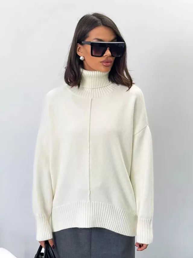 Elegant Warmth Oversized Turtleneck Sweater For Modern Women White - Shop at LoveMi