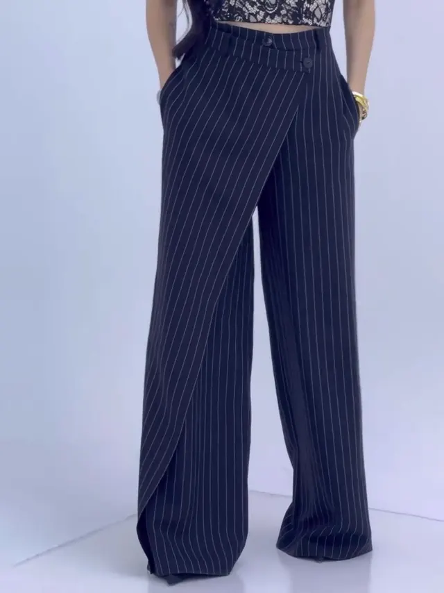 High waisted Striped Wide leg Pants Navy Blue - Shop at LoveMi