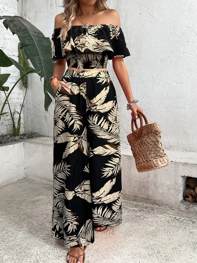 Ladies' Tropical Printed Off Shoulder Top With Lace Trim And Wide Leg Pants Set Leaf - Shop at LoveMi