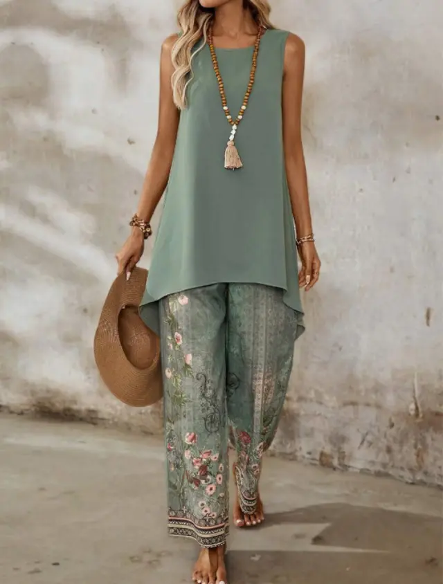 Spring And Summer Women's Clothing Floral Print Leisure Set Green - Shop at LoveMi