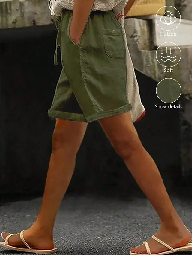 Solid Color Drawstring Shorts With Pockets, Summer Casual Wear Green - Shop at LoveMi