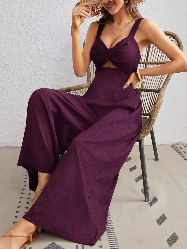 Women's Solid Color Loose Overall One Piece Summer Beach Jumpsuit With Spaghetti Straps Purple - Shop at LoveMi