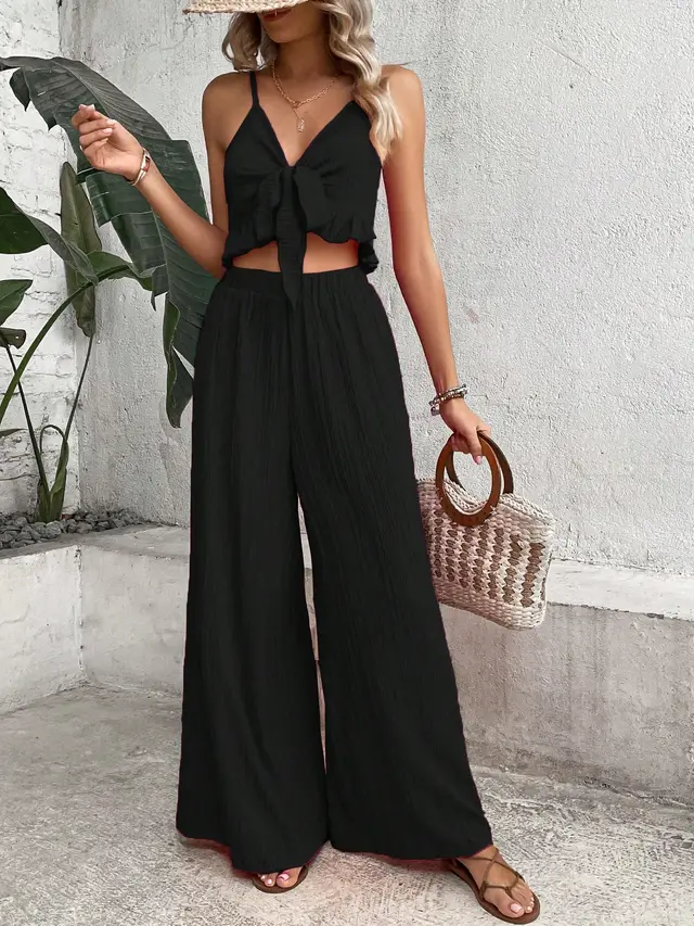 Pariaura Knot Front Cami Top Wide Leg Pants Black - Shop at LoveMi