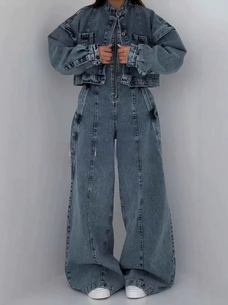 Denim Bandeau Zipper Jumpsuit & Jacket Set - Blue