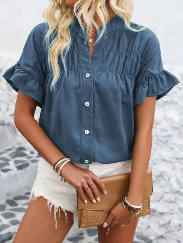 Women's Fashionable Simple Solid Color Shirt, Perfect For Daily Summer Wear,Short Sleeve Tops Blue - Shop at LoveMi