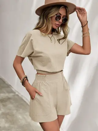 Women's Casual Breathable Short Sleeved Set - Apricot