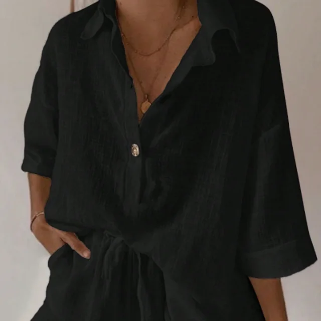 Summer Solid Color Off Shoulder Loose Women's Shirt And Shorts Casual Set Black - Shop at LoveMi