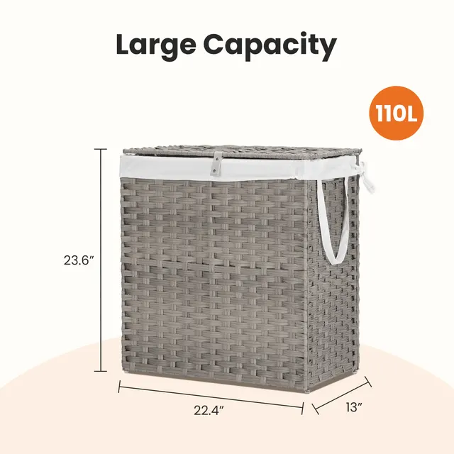 Laundry Basket With Lid, 110 L Hand Woven Pp Rattan Laundry Basket With Compartments & Handles, Foldable, Removable Liner Gray110L - Shop at LoveMi