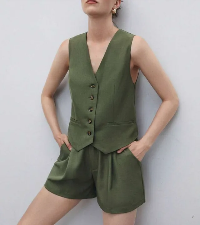 Casual Women's Solid Color Vest Jacket Set Green - Shop at LoveMi