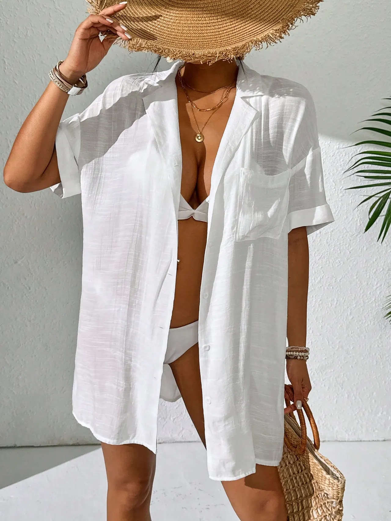 Women Simple Solid Color Short Sleeve Kimono Cover Up - White