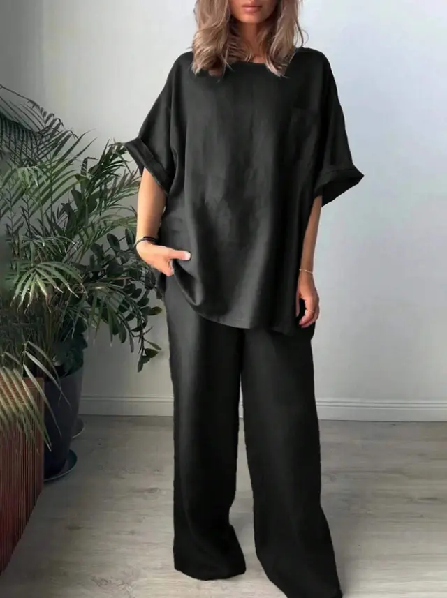 Women Solid Color Crew Neck Short Sleeve Top And Long Pants Casual Outfit Black - Shop at LoveMi