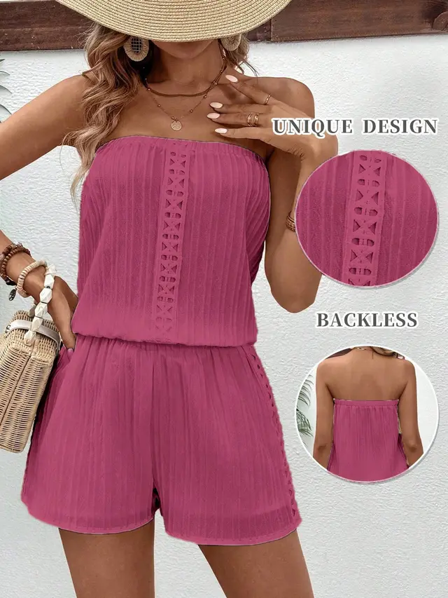 Solid Color Casual Tube Top And Shorts Set Rose Red - Shop at LoveMi