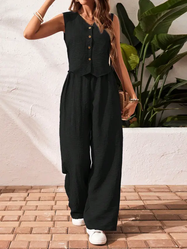 Women's Solid Color Front Button Sleeveless Blouse And Long Pants Casual Suit Set Black - Shop at LoveMi