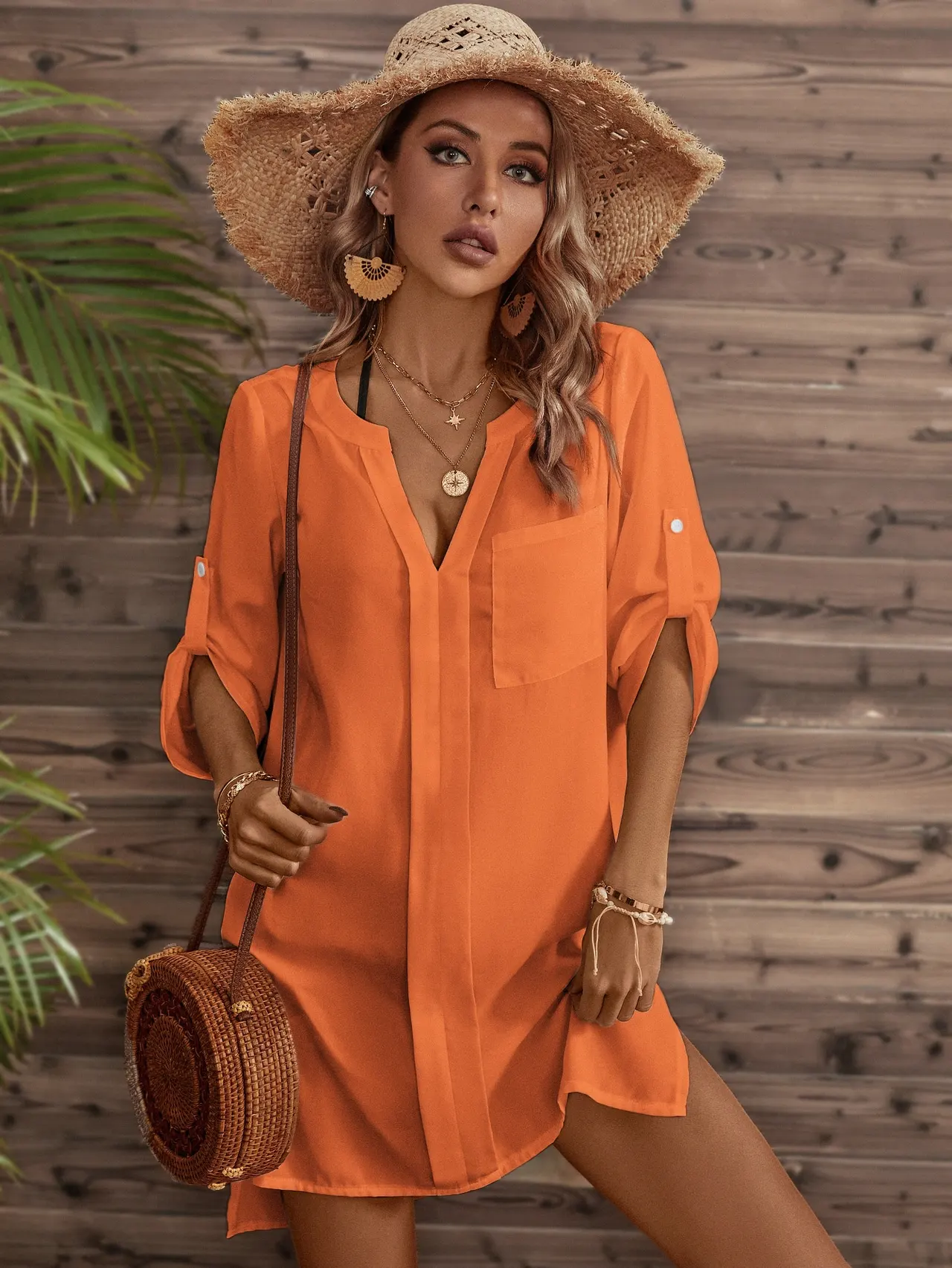 Sleeve Pocket Patched Cover Up Dress,Summer Beac - Orange