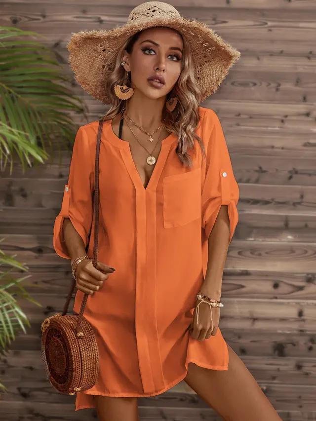 Sleeve Pocket Patched Cover Up Dress,Summer Beac Orange - Shop at LoveMi