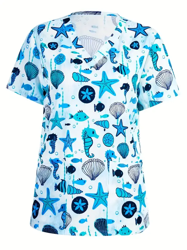 Plus Size Women's Vibrant Print Scrub Top Casual V Neck Short Sleeve Multicolour - Shop at LoveMi