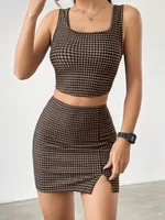 Women Plaid Square Collar Cropped Tank Top And Bodycon Mini Skirt Set - Brown
