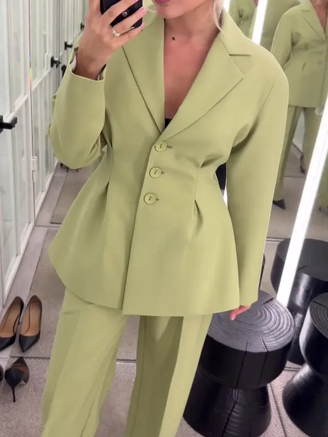 Fruit Green Waisted Suit Jacket & High Waisted Pants Set Fruit Green - Shop at LoveMi