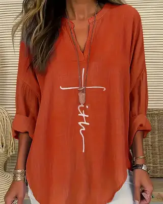 Women'S V-Neck Long Sleeve Shirt With Letter Print - Orange
