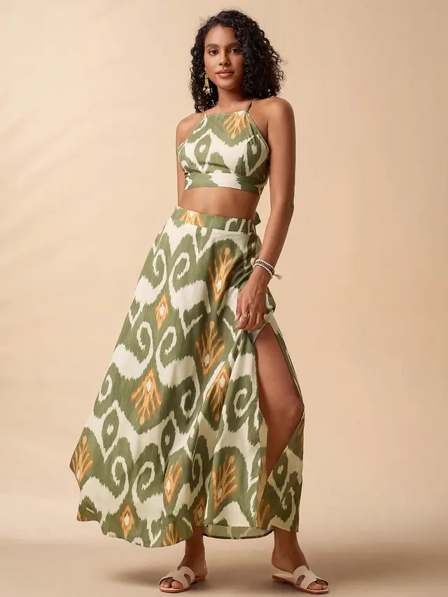Tropical Print Tie Backless Cami Top & Split Thigh Skirt Two Piece Set Green - Shop at LoveMi