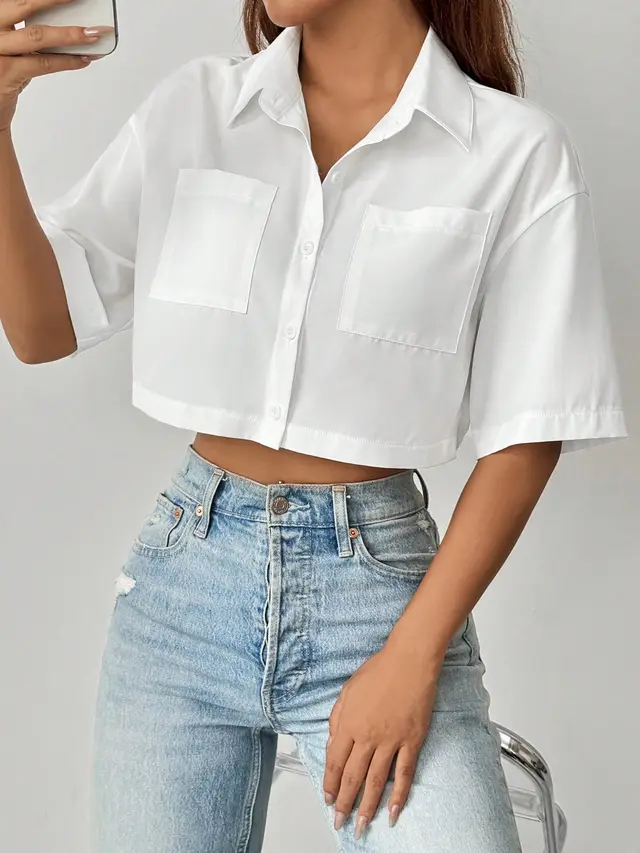 Shoulder Pocket Patched Crop Shirt Short Sleeve Tops White - Shop at LoveMi