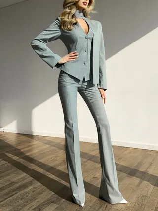 Striped V-neck Top & High-waisted Pants Set - Striped