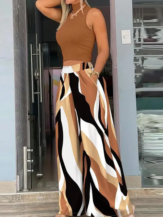 Women's Casual Vacation Style Semi High Neck Knitted Top Set Brown - Shop at LoveMi