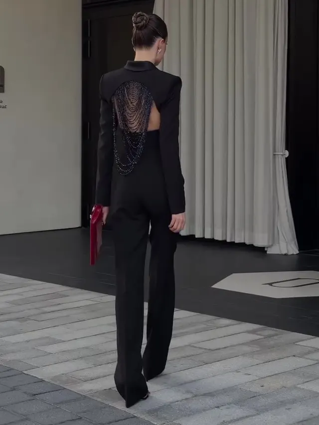 Black Backless Beaded Cropped Blazer & High Waist Pants Set Black - Shop at LoveMi