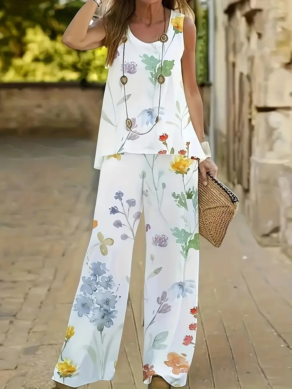 Elegant Floral Print Two-Piece Set - Round Neck - Green