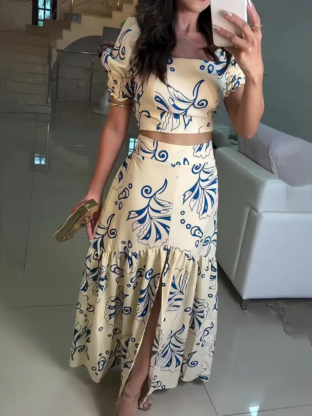 Holiday Print Short Sleeve Top & Elastic Waist Skirt Set White - Shop at LoveMi