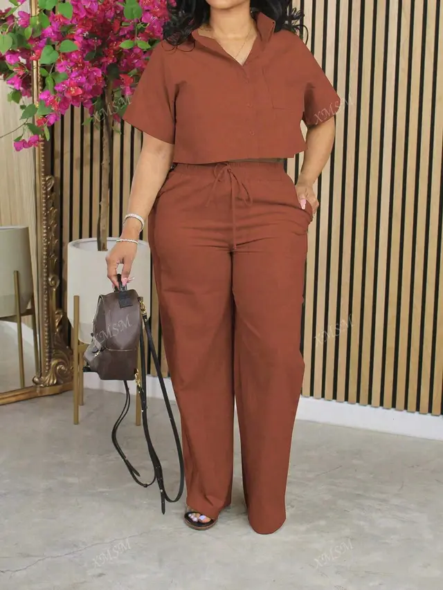 Short Sleeve Shirt Top And Wide Leg Pants Brown - Shop at LoveMi