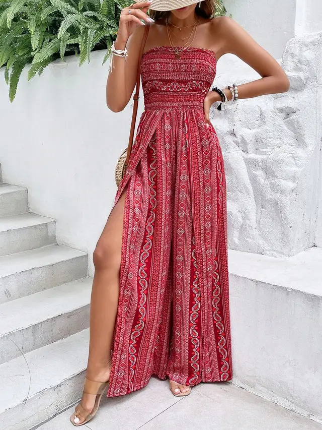 Paisley Print Halter Neck Slit Wide Leg Jumpsuit Red - Shop at LoveMi