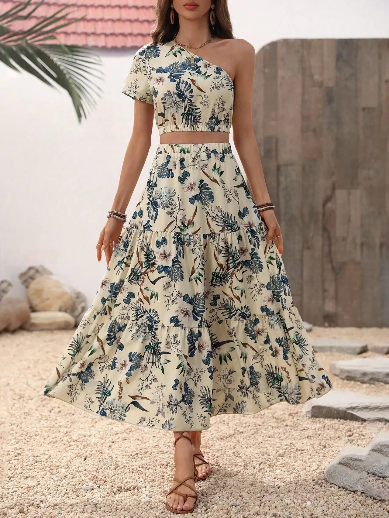 Print Crop One Shoulder Blouse & Ruffle Hem Skirt - Apricot
